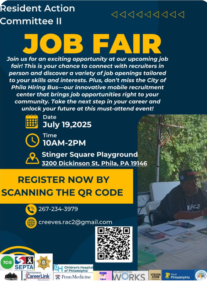 PhilaOHR's tweet photo. Stop by the Resident Action Committee II Job Fair on July 19, 10AM–2PM at Stinger Square Playground!
✅Meet employers
✅Hop on our Hiring Bus to apply for City jobs on-site 🚍
#PhillyJobs #PurposePhilly #HiringBus #SouthPhilly https://t.co/yEV4HtttE1