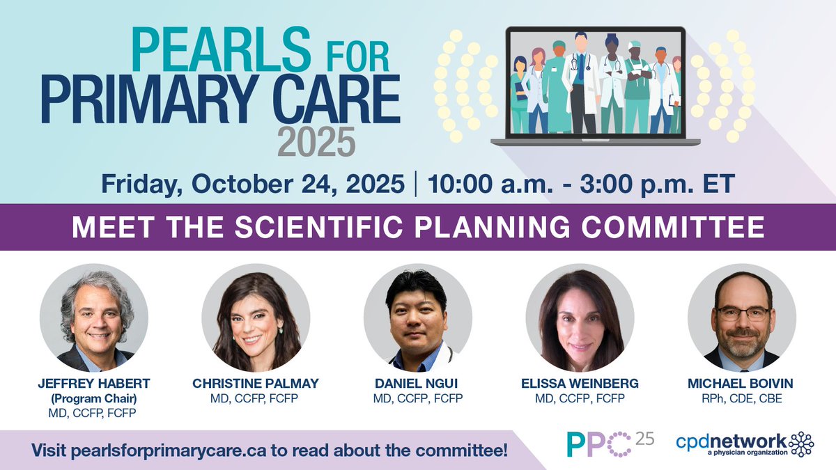 PPCconference's tweet image. Pearls for Primary Care 2025: Built by Clinicians, for Clinicians
Introducing the Scientific Planning Committee behind the conference you won’t want to miss!
Dr. Jeffrey Habert (Chair), Dr. Christine Palmay, Dr. Daniel Ngui, Dr. Elissa Weinberg, and Mr. Michael Boivin are…