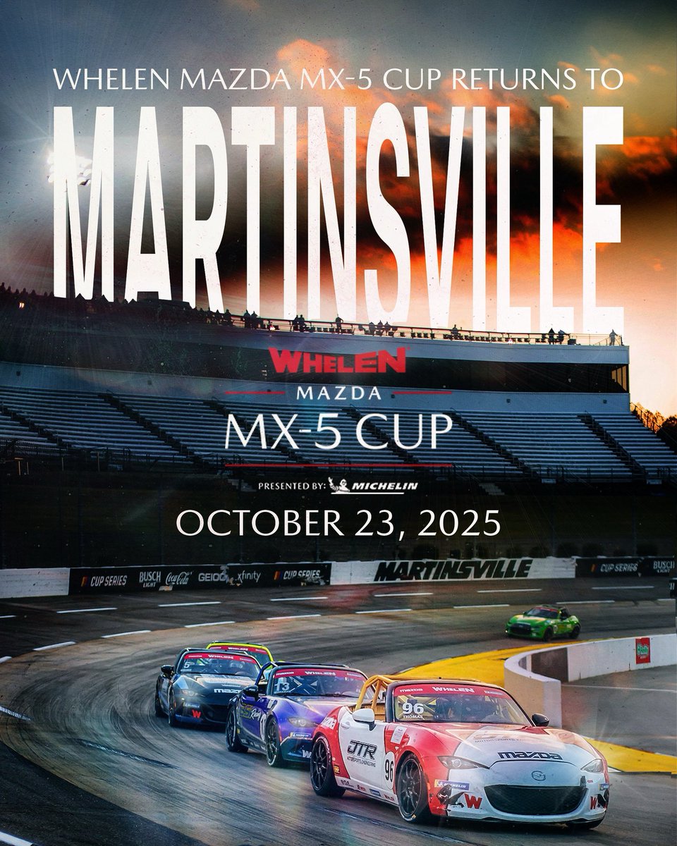 The Whelen Mazda MX-5 Cup presented by Michelin returns to <a href="/MartinsvilleSwy/">Martinsville Speedway</a> alongside <a href="/NASCAR/">NASCAR</a>’s top-tier series. The single-day event will take place on Thursday, October 23, leading into the penultimate weekend for NASCAR Cup, Xfinity and CRAFTSMAN Truck series championships.