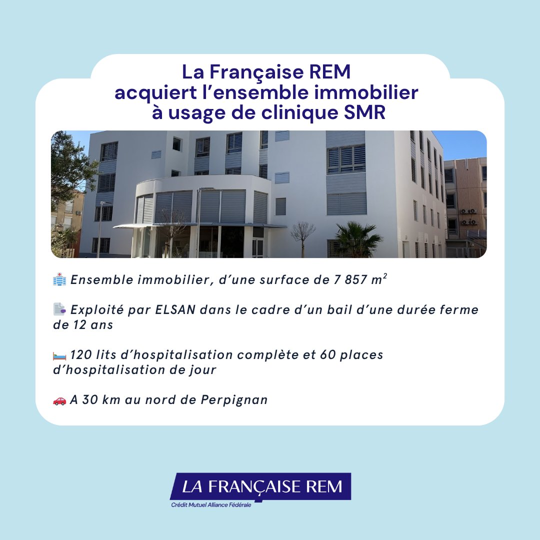🏥 La Française REM a acquis, pour le compte de LF Avenir Santé et LF Croissance &amp; Territoires, l’ensemble immobilier à usage de clinique SMR à Barcarès.  

🔗 En savoir plus : lfgrou.pe/IoS4My 

📣 Investir comporte des risques.

#Santé #Immobilier #SCPI