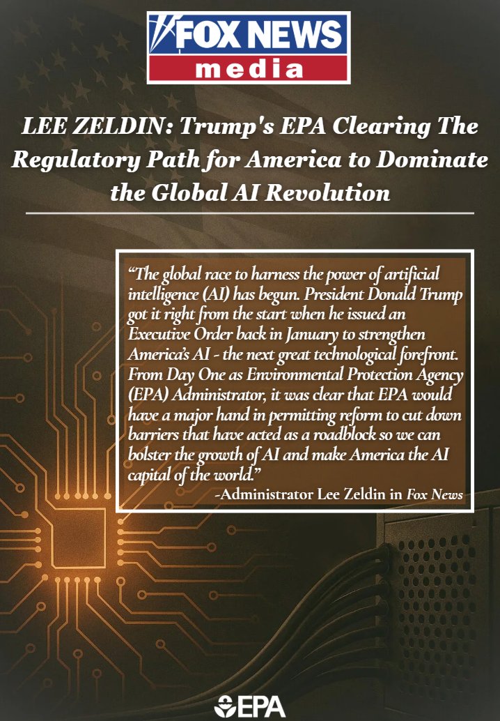 EPA's tweet image. Check out @epaleezeldin's op-ed in @FoxNews highlighting @EPA's commitment to permitting reform to bolster the growth of AI and make America the AI capital of the world.
Read more ➡️ spgv.io/6017BJhh