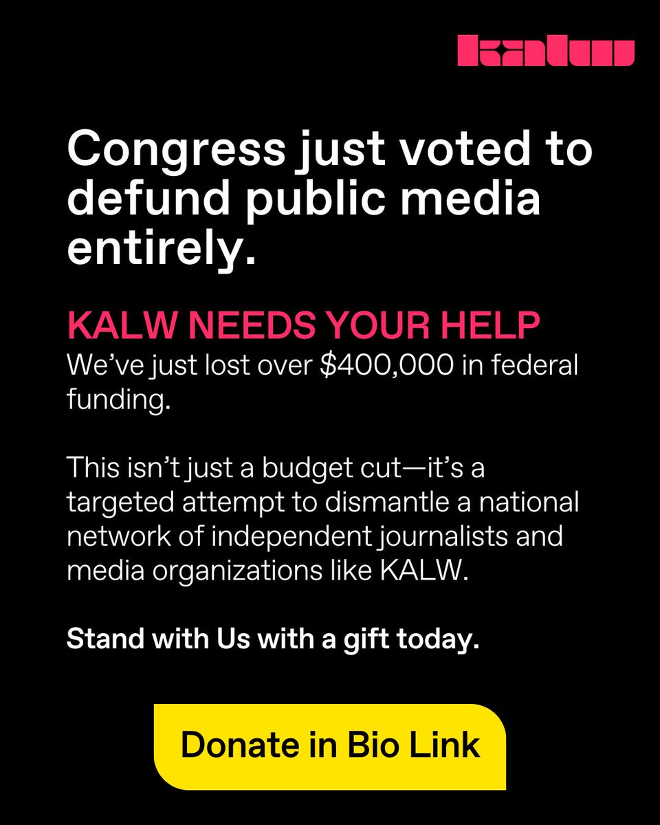 KALW's tweet image. The stripping away $1.1 billion in already-approved federal public media funding is devastating for KALW, with a loss of over $400,000 in our annual budget.
Now is the time to help us keep up the fight by making a donation right now.
Stand with Us: kalw.org/donate
