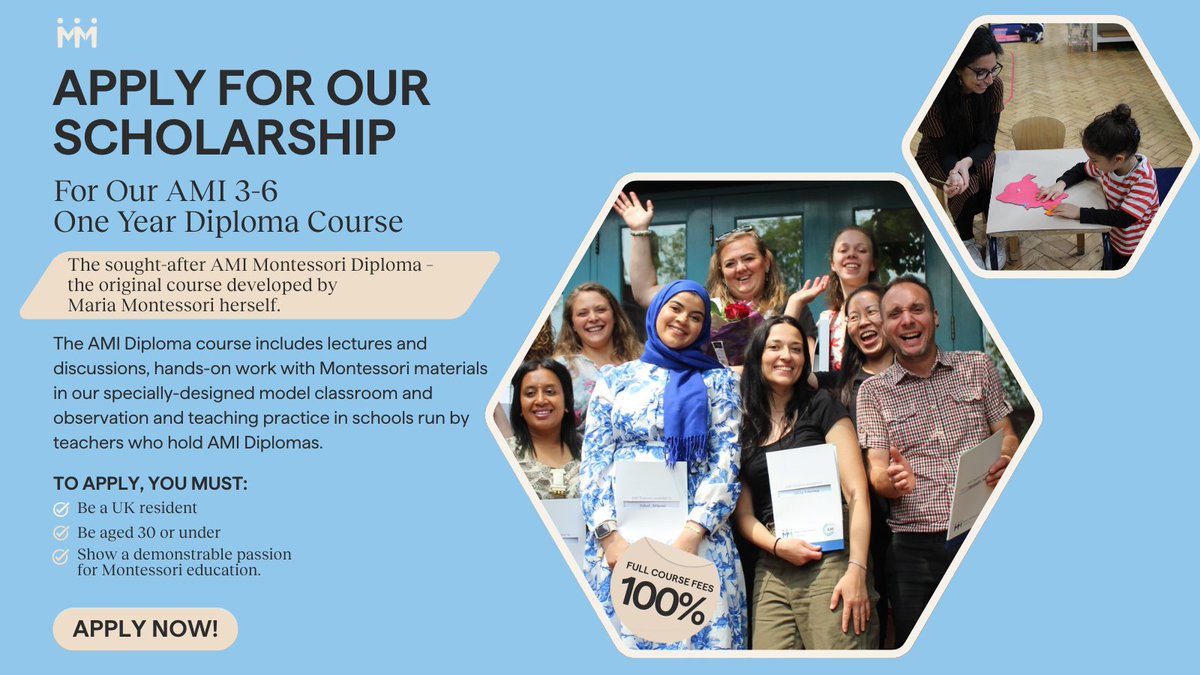 Applications for our Ellie Kempley Scholarship, awarding full course fees on our AMI 3-6 Diploma One Year course, are open. We're interested in hearing from those who feel a calling to become Montessori teachers and are unable to pay the course fees bit.ly/4iGq2o1