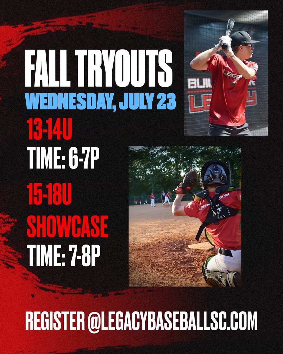 Legacy Baseball SC (@legacybaseball5) on Twitter photo 💥50 college commits in the past 4 years
💥No “fundraising” teams
💥Over 30+ coaches with pro or college playing experience
💥25+ high schools represented in our showcase program
Tryouts next week in Ft Mill. Register today! <a href="/jkeller_10/">Jeremy Keller</a> <a href="/ToddFriedman10/">Todd Friedman</a> <a href="/CoachBennettLCA/">CoachBennett21</a> 💥50 college commits in the past 4 years
💥No “fundraising” teams
💥Over 30+ coaches with pro or college playing experience
💥25+ high schools represented in our showcase program
Tryouts next week in Ft Mill. Register today! <a href="/jkeller_10/">Jeremy Keller</a> <a href="/ToddFriedman10/">Todd Friedman</a> <a href="/CoachBennettLCA/">CoachBennett21</a>