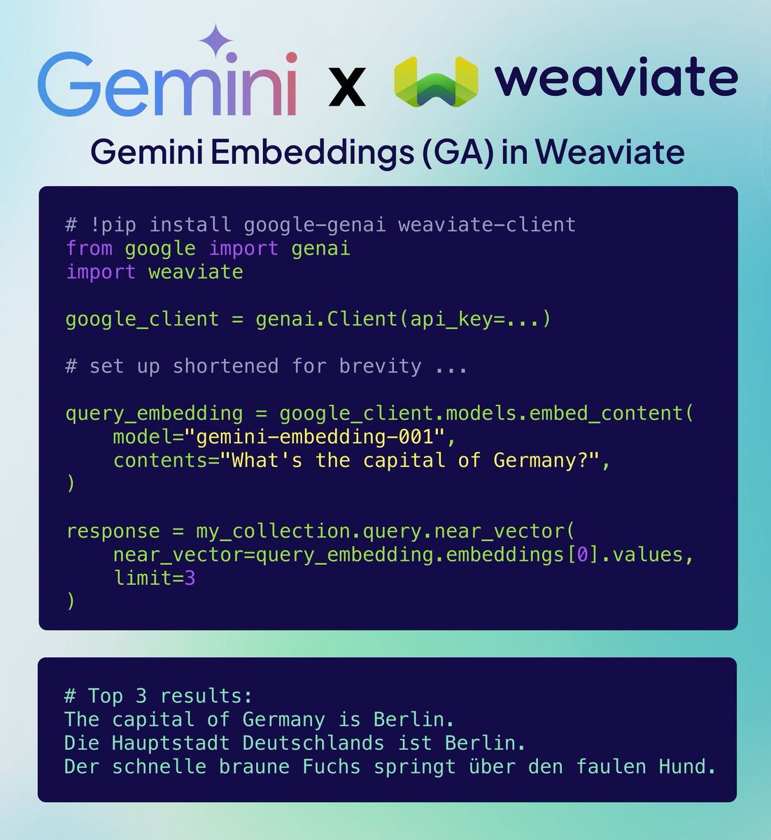weaviate_io's tweet image. ๐๐ฆ๐ฎ๐ช๐ฏ๐ช ๐๐ฎ๐ฃ๐ฆ๐ฅ๐ฅ๐ช๐ฏ๐จ๐ด ๐ค๐ค ๐๐ฆ๐ข๐ท๐ช๐ข๐ต๐ฆ
We just published a new recipe notebook showing you how to use Google's Gemini embeddings with Weaviate.
โข ๐ญ๐ฌ๐ฌ+ ๐น๐ฎ๐ป๐ด๐๐ฎ๐ด๐ฒ๐ ๐๐๐ฝ๐ฝ๐ผ๐ฟ๐๐ฒ๐ฑ: Build truly multilingual search experiences
โข ๐ ๐ง๐๐โฆ