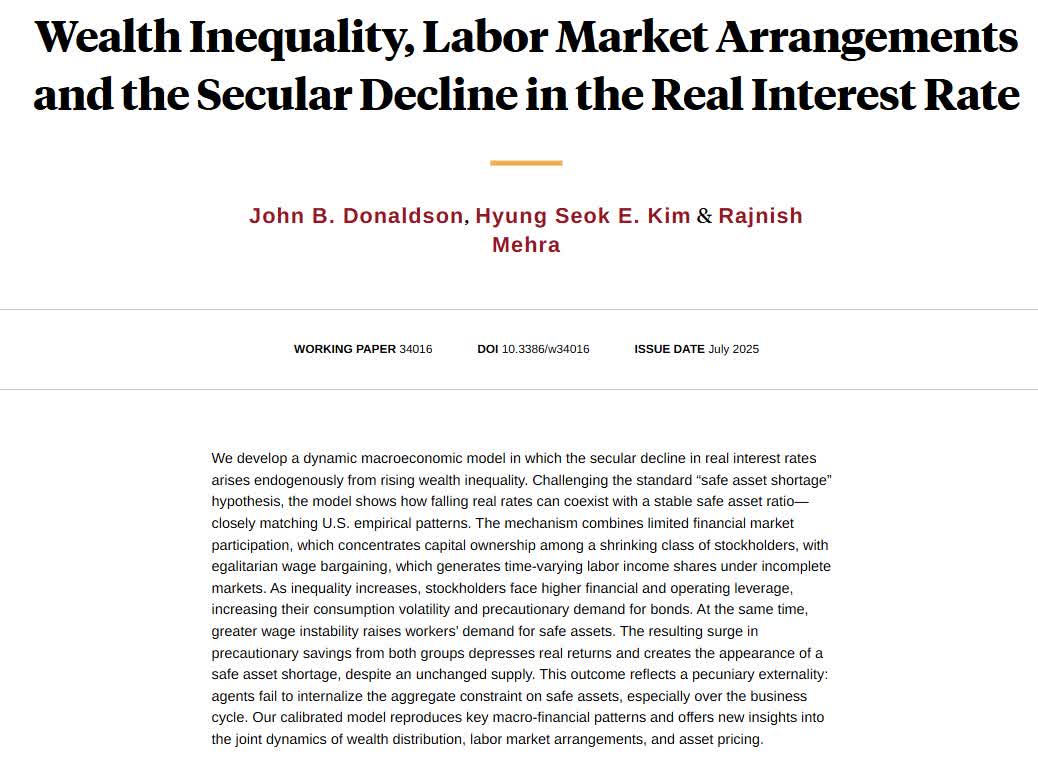 NBER (@nberpubs) on Twitter photo Developing a dynamic macroeconomic model in which the secular decline in real interest rates arises endogenously from rising wealth inequality, from John B. Donaldson, Hyung Seok E. Kim, and Rajnish Mehra nber.org/papers/w34016 Developing a dynamic macroeconomic model in which the secular decline in real interest rates arises endogenously from rising wealth inequality, from John B. Donaldson, Hyung Seok E. Kim, and Rajnish Mehra nber.org/papers/w34016
