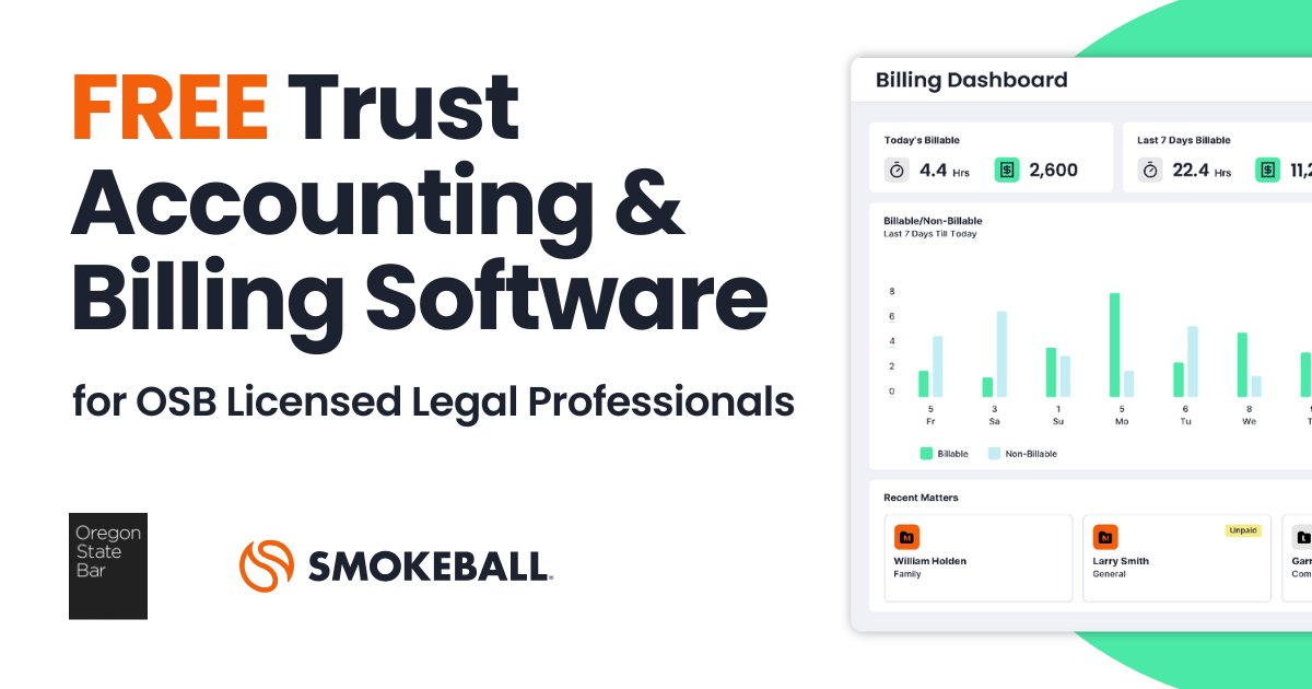 Smokeball (@smokeballnews) on Twitter photo We’ve partnered with the <a href="/OregonStateBar/">Oregon State Bar</a> to offer all Oregon State Bar licensed legal professionals FREE access to Smokeball Bill, the premier trust accounting and billing software for law firms!
🔗 Claim your free access today: bit.ly/orbarbill-soci…
.
.
#legaltechnology #Law We’ve partnered with the <a href="/OregonStateBar/">Oregon State Bar</a> to offer all Oregon State Bar licensed legal professionals FREE access to Smokeball Bill, the premier trust accounting and billing software for law firms!
🔗 Claim your free access today: bit.ly/orbarbill-soci…
.
.
#legaltechnology #Law