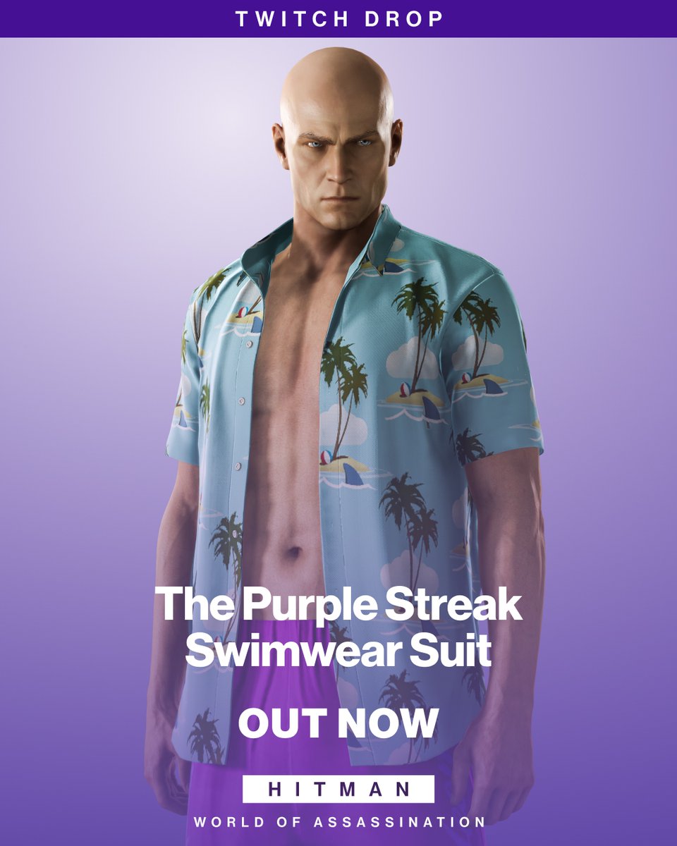 Suit up with the perfect summer outfit.

The “Purple Streak Swimwear Suit” is available to claim through Twitch drops.

Here’s your assignment:

1️⃣ Link your IOI and Twitch accounts.
2️⃣ Watch 30 minutes of HITMAN World of Assassination on Twitch.
3️⃣ Claim your reward.

All