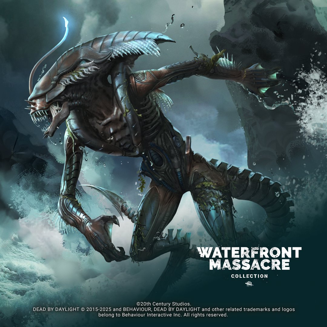 DeadbyDaylight's tweet image. Who doesn’t enjoy a dip in the ocean from time to time? Never mind what’s lurking beneath the surface...
The Waterfront Massacre Collection has resurfaced, bearing new Outfits for Orela Rose, Ace Visconti, Élodie Rakoto, and The Xenomorph.