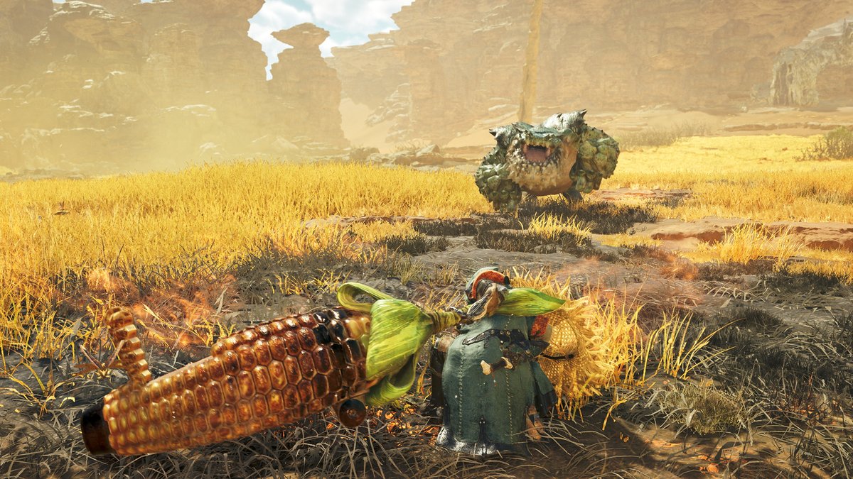 monsterhunter's tweet image. Chatacabra: The Cornpopper Gunlance in #MHWilds isn't real, it can't hurt you.
The Cornpopper Gunlance coming to Wilds as an Event Quest Reward in "Putting Up a Stink" on July 22, 11pm PDT / July 23, 1am BST: