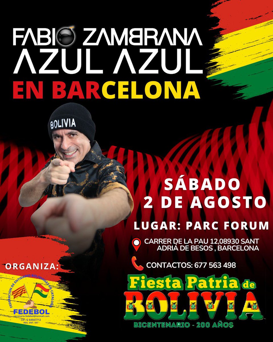 fabiozambrana's tweet image. FABIO ZAMBRANA – AZUL AZUL EN BARCELONA 🇧🇴🇪🇸
2 de agosto 
Fiesta Patria de Bolivia – Bicentenario en el Parc Fórum!
📍 Carrer de la Pau 12, Sant Adrià de Besòs
📞 Info: 677 563 498

#FabioZambrana #AzulAzul #Barcelona #BoliviaEnEspaña #FiestaPatria #BicentenarioBolivia #ParcForum