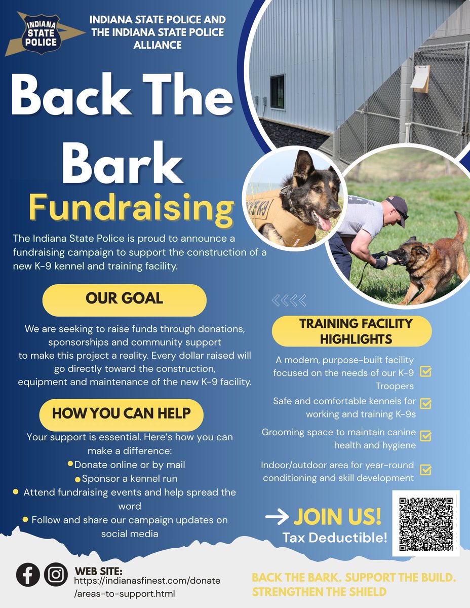 ISPRecruiting's tweet image. 🐾 Help us #BackTheBark! 🐾
We're raising funds to build a new K-9 kennel & training facility for our hardworking K-9 teams. They are key to tracking suspects, detecting drugs, & finding missing persons.
Support our four-legged heroes today! 👮♂️🐶
#IndianaStatePolice #K9Unit