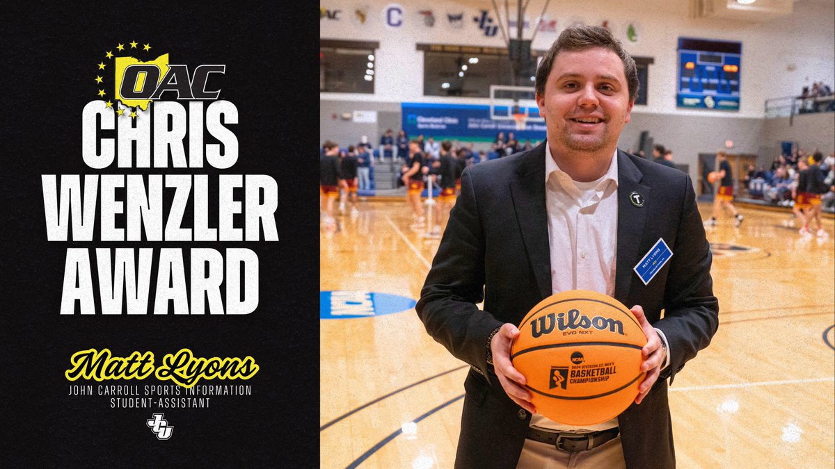OHAthleticConf's tweet image. Congratulations to Matt Lyons of @jcusports on being named the 2025 Chris Wenzler Award recipient! 👏
Established in honor of the late Chris Wenzler, this award recognizes an outstanding sports information student-assistant for their dedication to their institution and the OAC.…