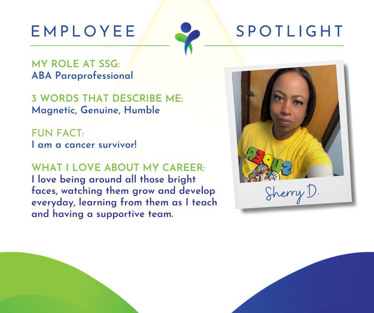 ✨ Employee Spotlight ✨

Meet Sherry, one of our ABA Paraprofessionals!

...
#EmployeeSpotlight #TeamSpotlight #StaffSpotlight #EmployeeAppreciation #TransformingLivesTogether
