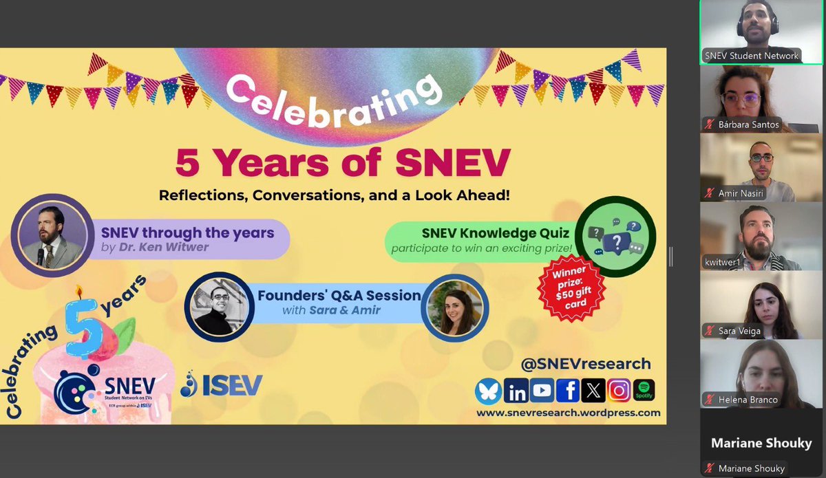 SNEVresearch's tweet image. 🚀 SNEV 5th Anniversary Celebration 🚀

Revisiting our journey with Dr. Ken Witwer, founders&apos; Q&amp;amp;A with Dr. Sara Veiga and Dr. Amir Nasir, and the SNEV Knowledge Quiz 🙌🏻

Congratulations to quiz winner Hong Nguyen! 🏆

Here&apos;s to the next 5 years of innovation and collaboration! ✨