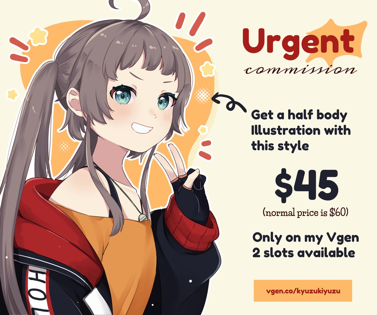[RT and likes are super appreciated ☀️]

Hello! I have some bills upcoming and currently not in my best condition (financially) so I open this urgent c0mms. It's limited offer you can find in my vgen! Price will be back to normal if slots are full 🥺

Thank yoou 🫶

🔗in reply