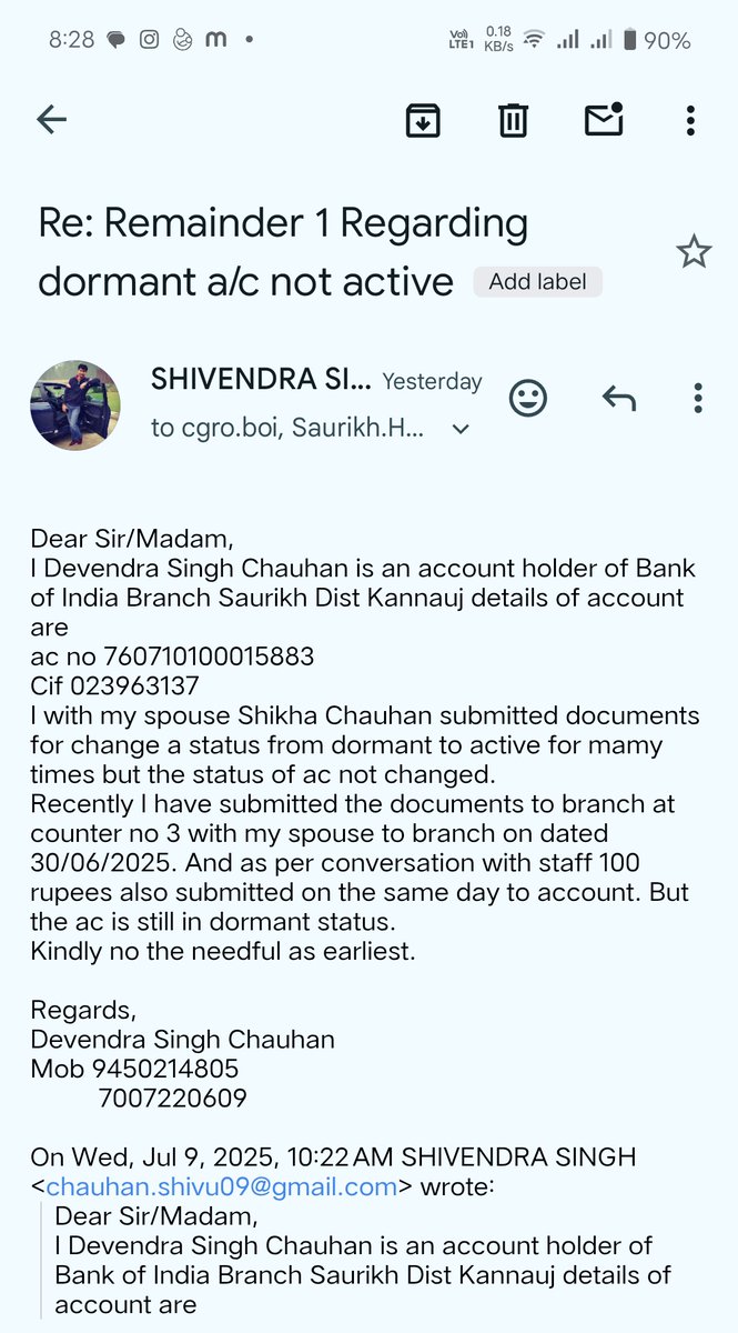 ChachaChatke's tweet photo. @BankofIndia_IN 
@RBI 
@FinMinIndia 
Bank Of India Saurikh Branch 007607 
After submitting documents for many times and conversation with staff at barnch level and via mail to representative office 
no proper response from branch account has been activated https://t.co/kaxl7dBiQe
