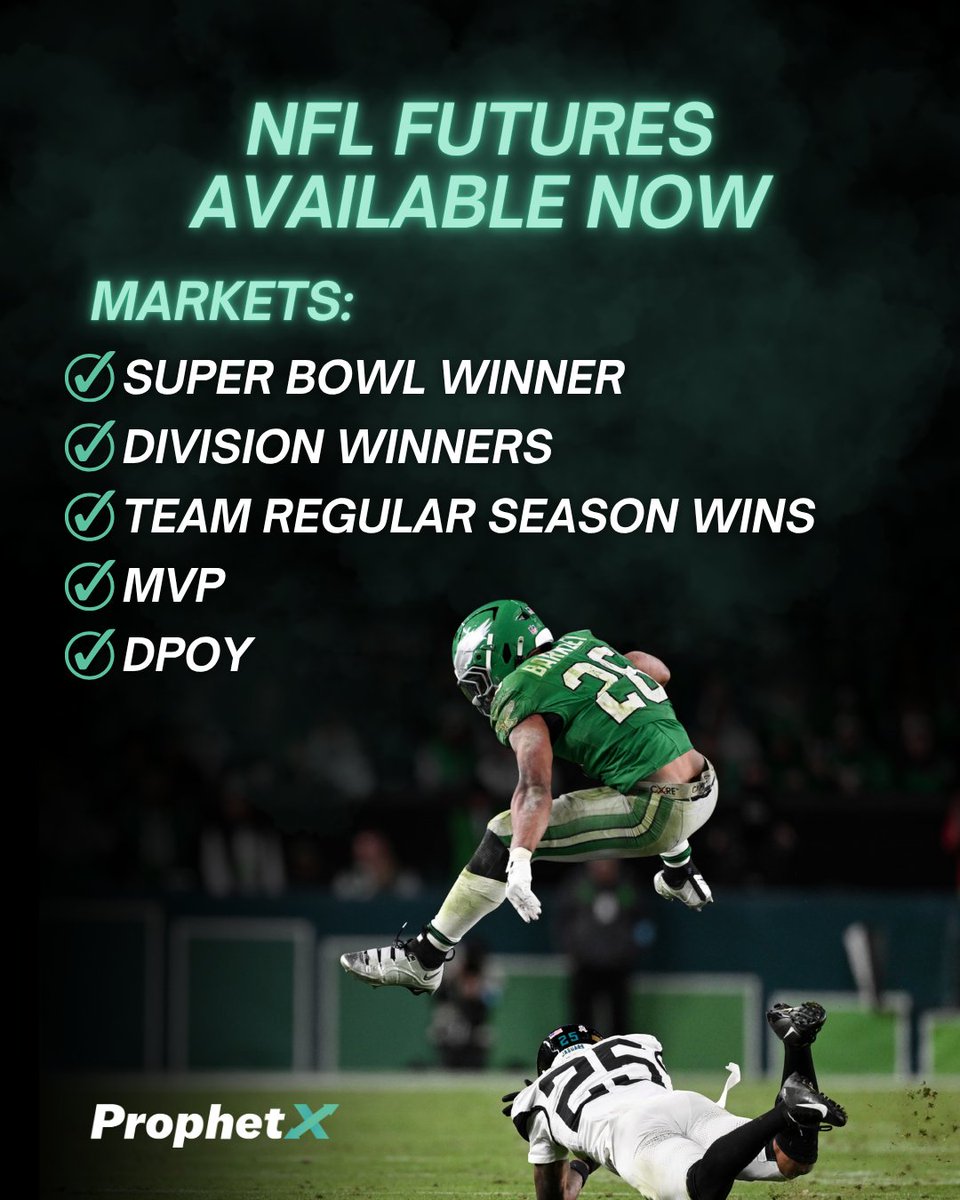 PlayProphetX's tweet image. 🏈 NFL Futures Are LIVE 🏈
Tons of Markets Are Open for Trading
We are officially 7 weeks away from the start of the NFL Regular Season 🎉