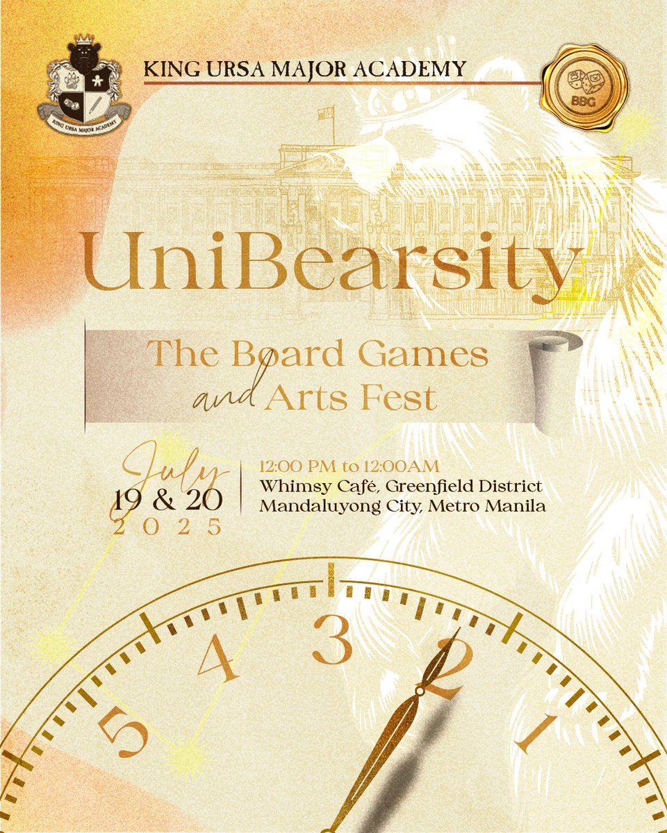 Bbg_ph's tweet image. 2 DAYS TO GO until #UniBEARsity2025! 

Join us July 19–20 at Whimsy Café, Greenfield District, for board games, art, and bear-powered magic from King Ursa Major Academy!

Doors open at 12 PM sharp—don’t be late! 

#BBG5 #KUMA #BBGArtsFest #BoardGamesPH #2DaysToGo