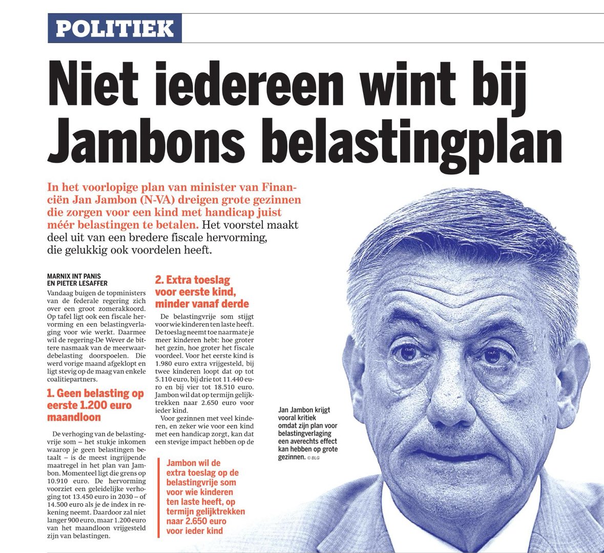 VincentVQ's tweet image. De regering had toch beloofd de belastingen voor iedereen die werkt te doen dalen?
De belastinghervorming die nu voorligt, breekt die belofte voor grote gezinnen met een gehandicapt kind. Dat blijkt uit onderzoek van @Nieuwsblad_be.
Gealarmeerd, maakte @JanJambon net een bocht…