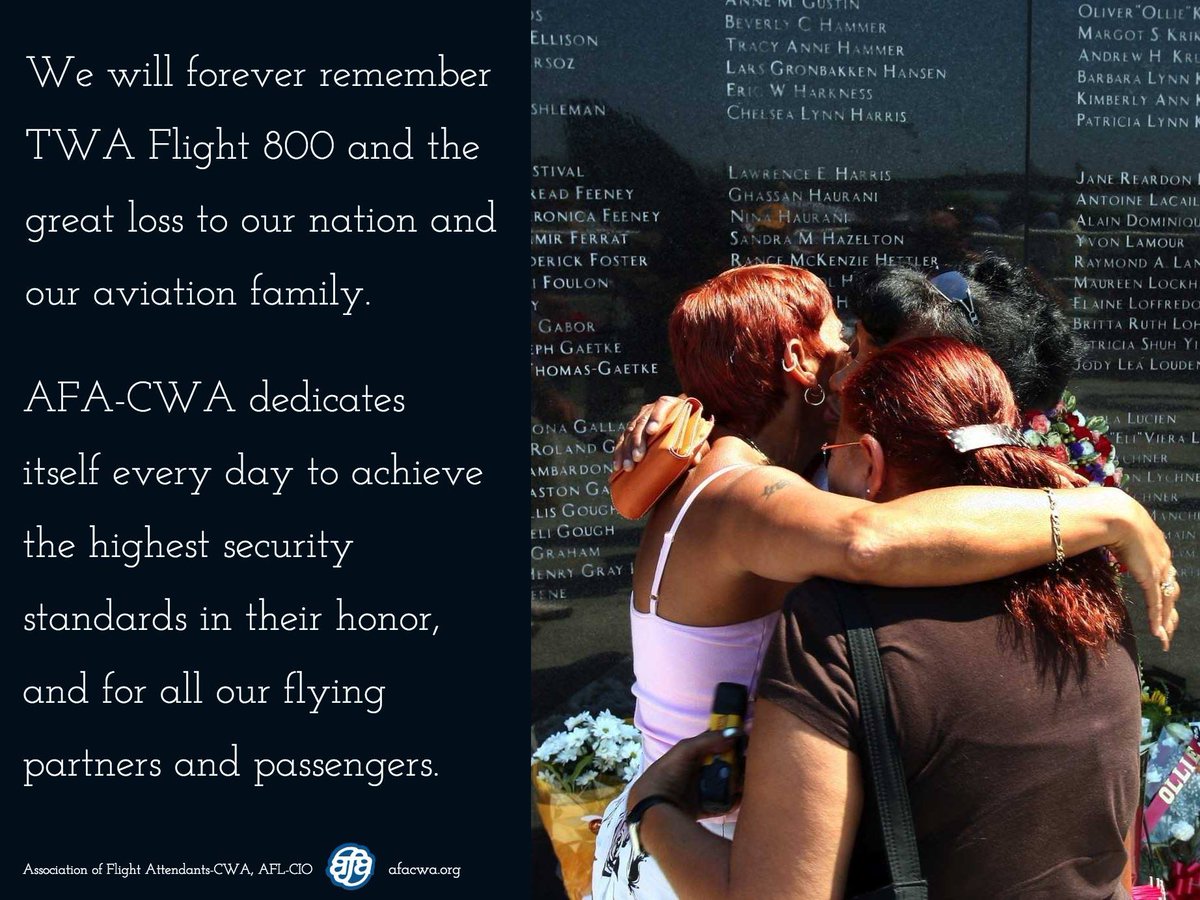 afa_cwa's tweet image. 29 years ago we were all struck by the tragedy of TWA Flight 800, and 230 lives lost. We will forever remember the great loss to our aviation family and work every day for the highest standards in aviation security in their honor.