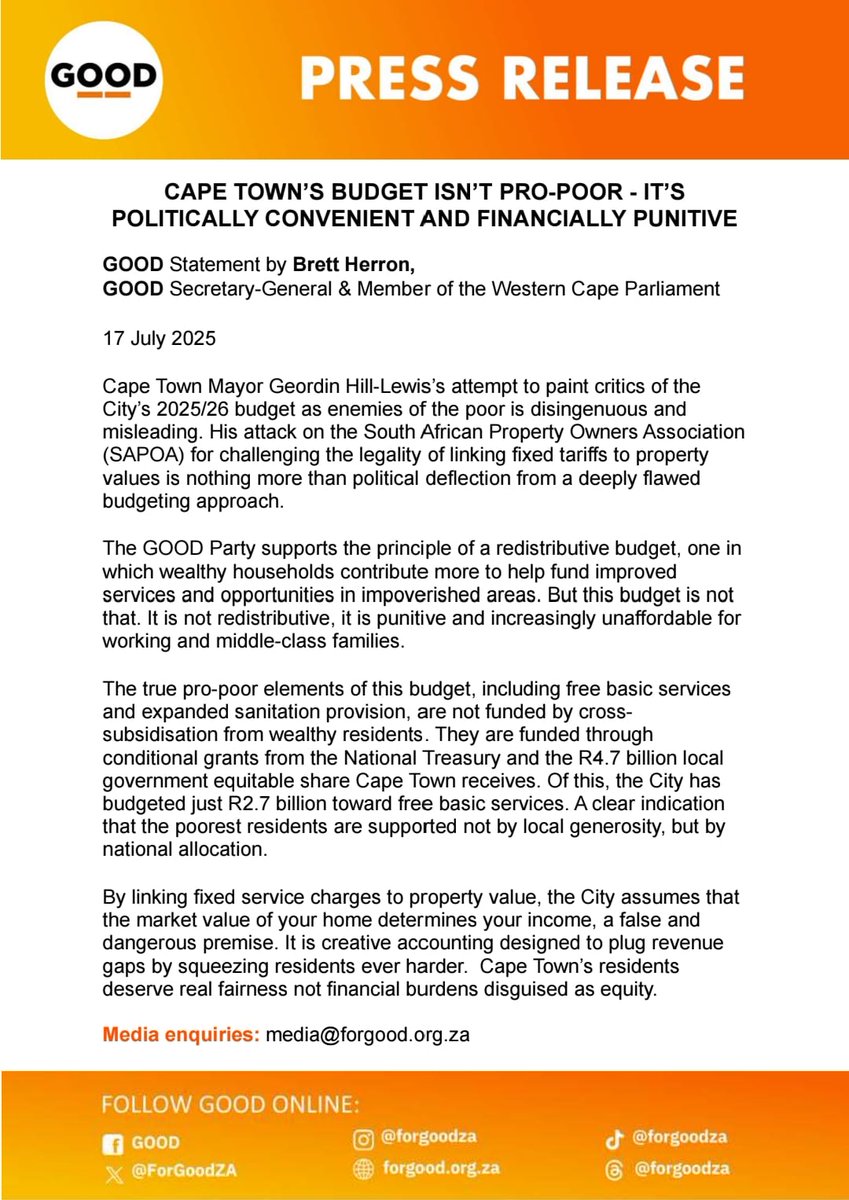 CAPE TOWN’S BUDGET ISN’T PRO-POOR - IT’S POLITICALLY CONVENIENT AND FINANCIALLY PUNITIVE

Cape Town Mayor Geordin Hill-Lewis’s attempt to paint critics of the City’s 2025/26 budget as enemies of the poor is disingenuous and misleading. His attack on the South African Property