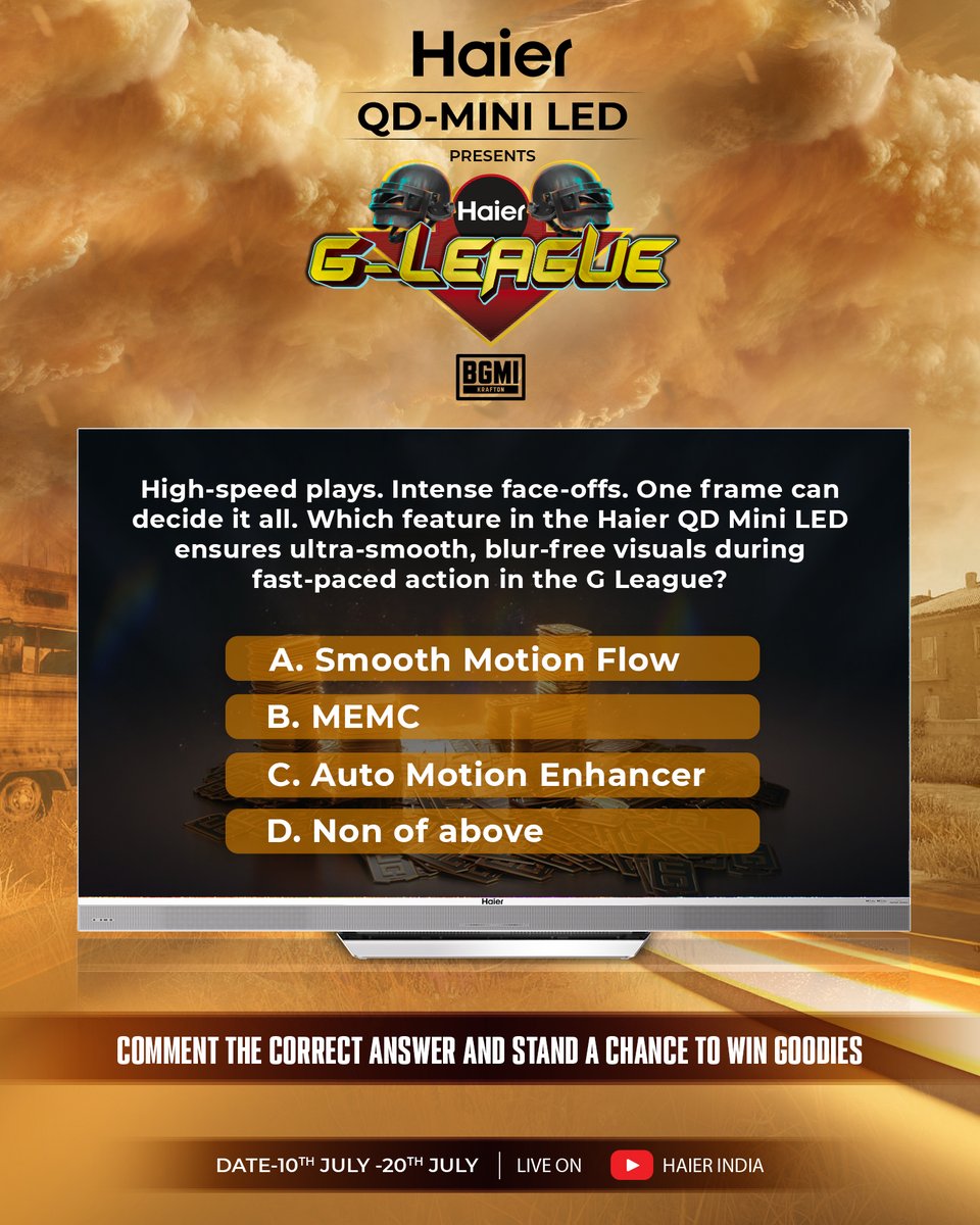 🎁 Giveaway Alert!
Haier G-League is turning up the heat with goodies for 10 lucky winners!
Tune in LIVE till 20th July on Haier India’s YouTube channel and win big!

#HaierGLeague #MoreCreationMorePossibilities