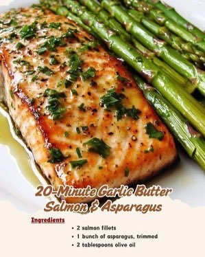 MedCenterWLCS's tweet photo. DELICIOUS 😋 Lunch or Dinner meal meal 🍽️ under  25 Minutes

Garlic Butter Salmon & Asparagus 

Ingredients:

•2 salmon fillets 🐟

•1 bunch asparagus, trimmed 🌱

•2 tablespoons olive oil 🫒

Instructions:

1.Heat olive oil in a skillet over medium heat.

2.Season salmon fillets with salt, pepper, and minced garlic (optional).

3.Cook salmon for about 4-5 minutes per side until golden and cooked through.

4.Add asparagus to the skillet, sauté until tender-crisp (about 5-7 minutes).

5.Drizzle with garlic butter (melt butter with minced garlic) before serving.

Nutrition Info (per serving):

Calories: ~350 | Protein: 40g 🏋️ | Carbs: 5g 🧬 | Fat: 20g 🥑 | Fiber: 3g 🌿 | Diabetic-friendly ✅

A delicious, quick meal packed with omega-3s and antioxidants!