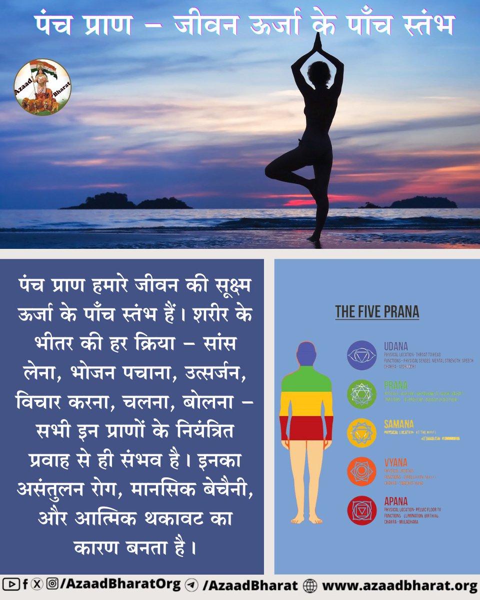 पंच प्राण हमारे जीवन की सूक्ष्म ऊर्जा के पाँच स्तंभ हैं। शरीर के भीतर की हर क्रिया – सांस लेना, भोजन पचाना, उत्सर्जन, विचार करना, चलना, बोलना – सभी इन प्राणों के नियंत्रित प्रवाह से ही संभव है।
पूरी पोस्ट पढ़े 👉🏻azaadbharat.org/?p=12471