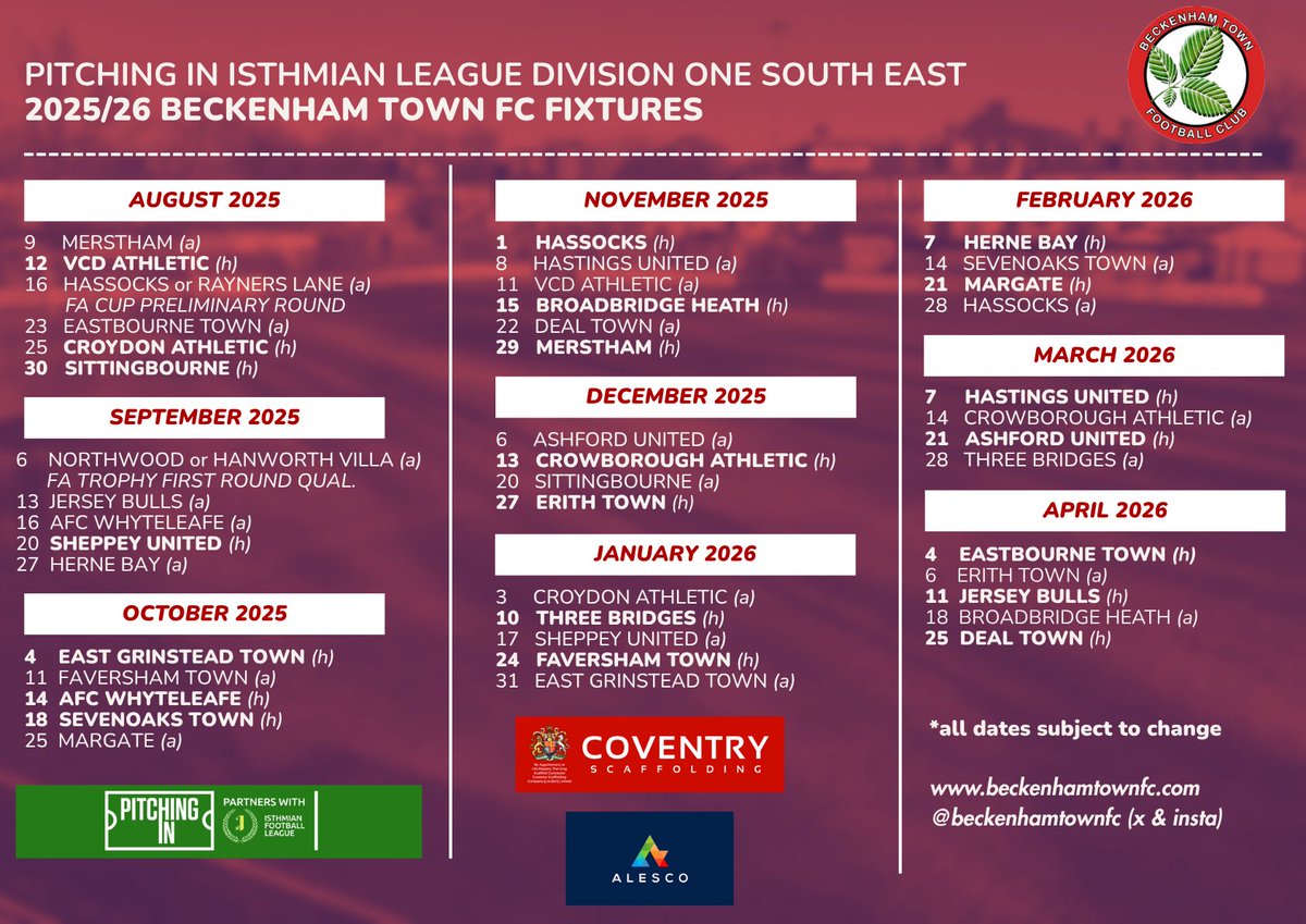 beckenhamtownfc's tweet image. So here it is...
Trips nearby. Trips afar. Trips overseas.
Your plans for the next 9 months are made. Print them up, stick them on your fridge or in your wallet.
Our @IsthmianLeague fixtures for 25/26.