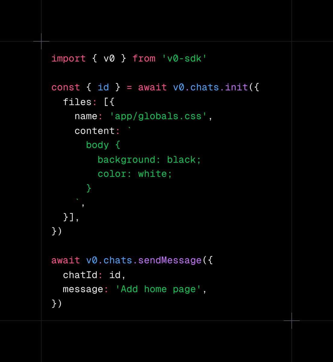 ctatedev's tweet image. Start chats from your own files
You can now start a v0 chat with your own code, design tokens, content or templates
Get more control over the output, skip the boilerplate, start faster and save tokens
Just pass your files in v0.chats.init()
