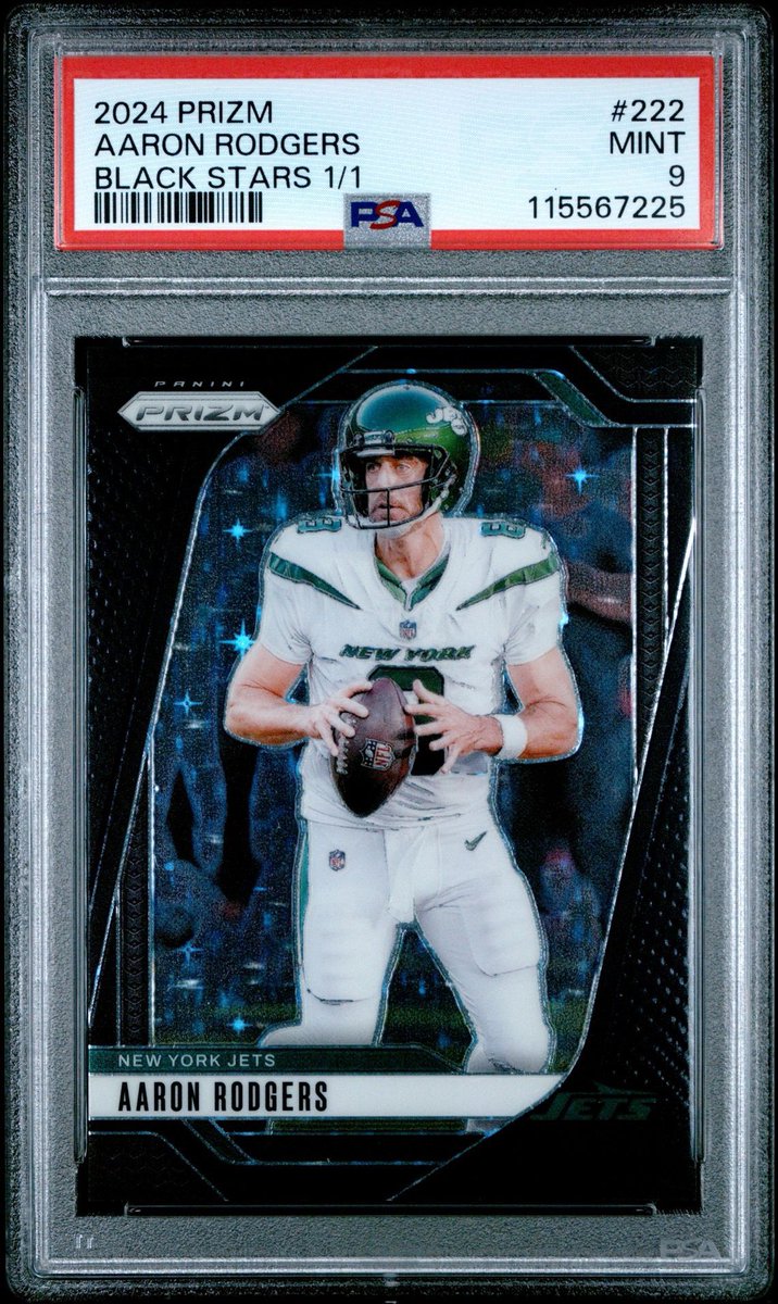 ChiefPrizm's tweet photo. 2024 Panini Prizm Black 1/1 Finite Stars Aaron Rodgers MINT PSA 9 #222 NFL Jets https://t.co/RMBAOE5RHh
