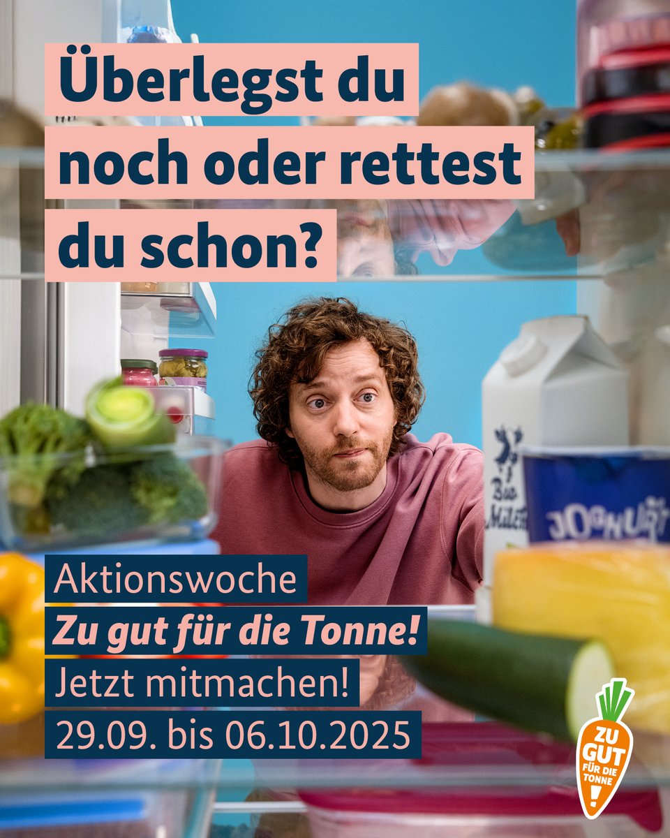 BMLEH_Bund's tweet image. Jetzt Partner werden bei der Aktionswoche »Zu gut für die Tonne«! vom 29. September bis 6. Oktober 2025 🥕🥕🥕 #DeutschlandRettetLebensmittel
Die Aktionswoche setzt erneut ein Zeichen gegen #Lebensmittelverschwendung.
Mehr Informationen unter ➡️ zugutfuerdietonne.de/aktionswoche
