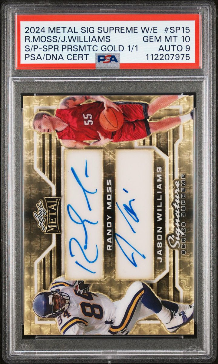ChiefPrizm's tweet photo. 2024 Leaf 1/1 Gold Superfractor Randy Moss Jason Williams AUTO DNA 9 GEM PSA 10 https://t.co/3UWmOyM2cN