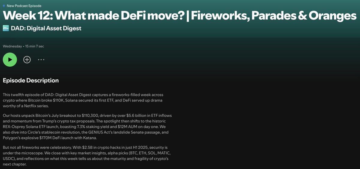 mcsquaredfi's tweet image. 🎧 DAD Week 12: Fireworks, Parades & Oranges
Bitcoin broke $110K.
Solana got its first ETF.
Circle and Polygon made bold DeFi moves.
All in the same week.
In this explosive episode of DAD – Digital Asset Digest @piffie and @VCMarine break down:
- $5.6B ETF inflows pushing BTC…