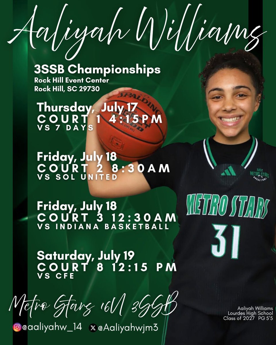 Here is my schedule for the Adidas 3SSB championships in Rockhill, South Carolina! Come check out our team!