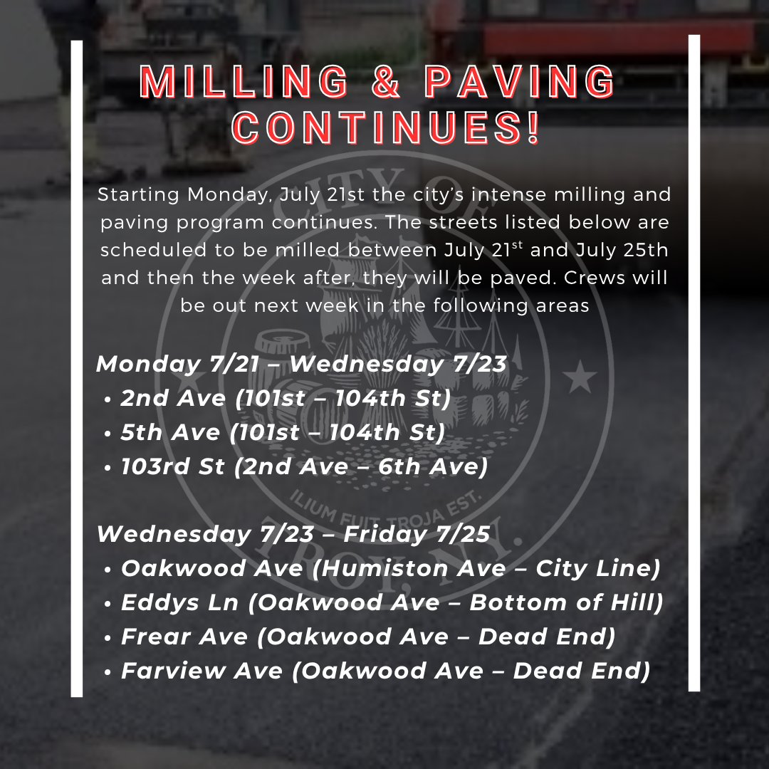 TroyCityHall's tweet image. 🚧 Upcoming Milling & Paving Alert 🚧
Our aggressive milling and paving program continues with new locations starting 7/21!
Crews will be out next week in the following areas listed in the image below:
Thank you for your patience as we invest in safer, smoother streets!