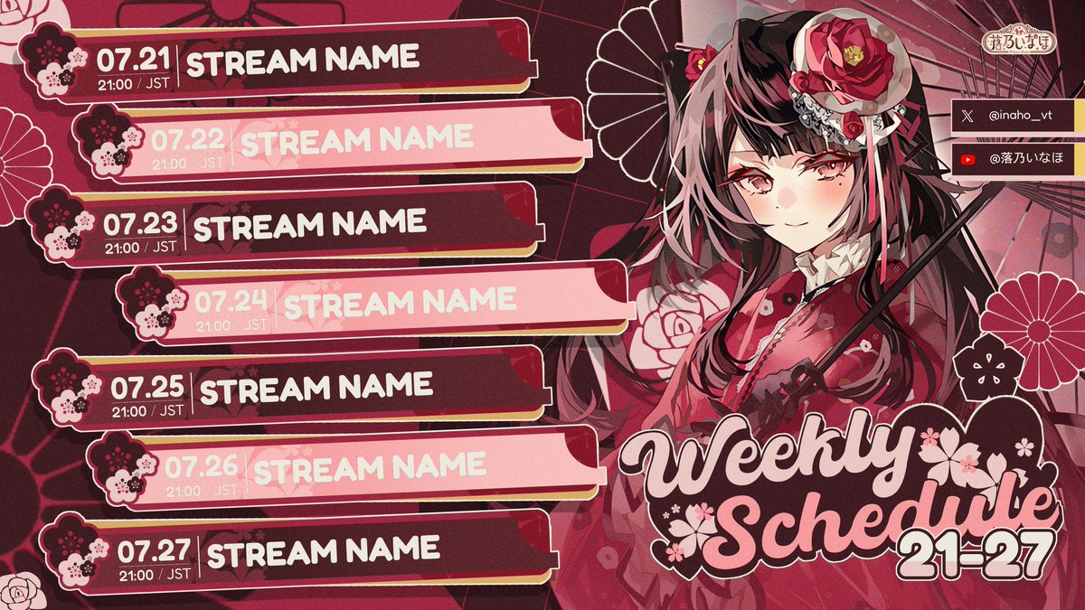 I made this stream schedule for <a href="/inaho_vt/">落乃いなほ🎠🎴#新人Vtuber</a> 🌸

Hope it brings a smile to you, Inaho-chan~

Btw, it’s me, Hady!
DM me if you’re interested in using it too 🤍
#InahoGallery