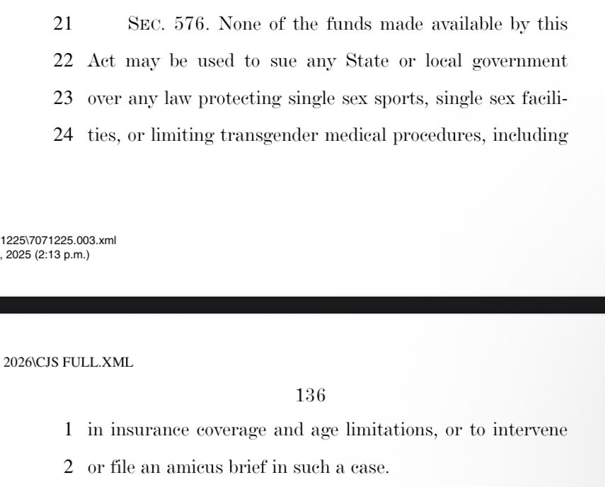 OrianaBeLike's tweet image. A GOP House Appropriations bill would ban the Justice Department from suing states that ban gender-affirming care and restrict trans athletes’ participation in sports
It specifically says that federal funds cannot be used to challenge anti-trans laws
appropriations.house.gov/sites/evo-subs…