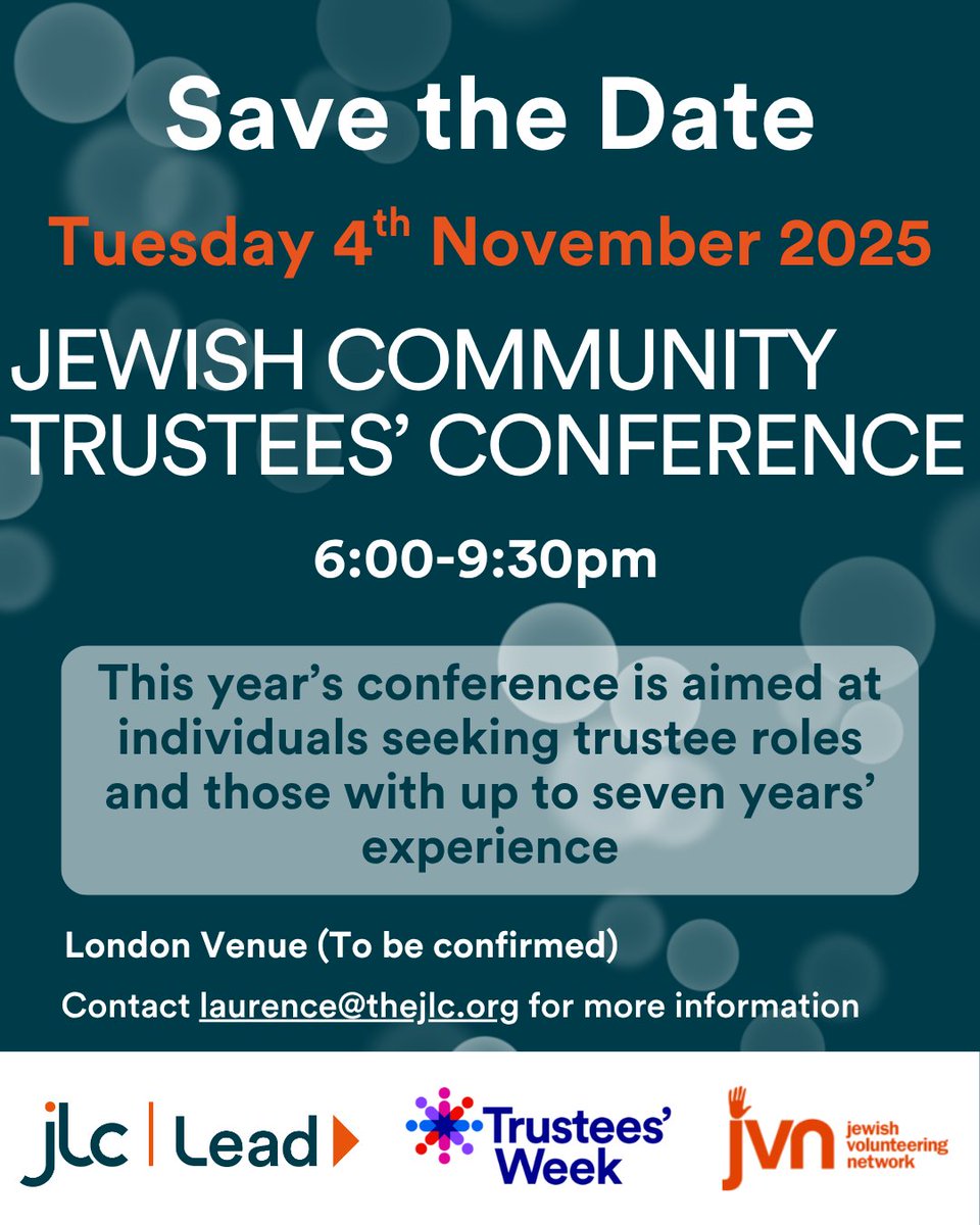 JLC_uk's tweet image. Save the date for our annual Jewish Community Trustees’ Conference in partnership with @JVN_org_uk!
Join us on 4th November 2025 for an opportunity to learn from sector experts and meet with other trustees from across the community.