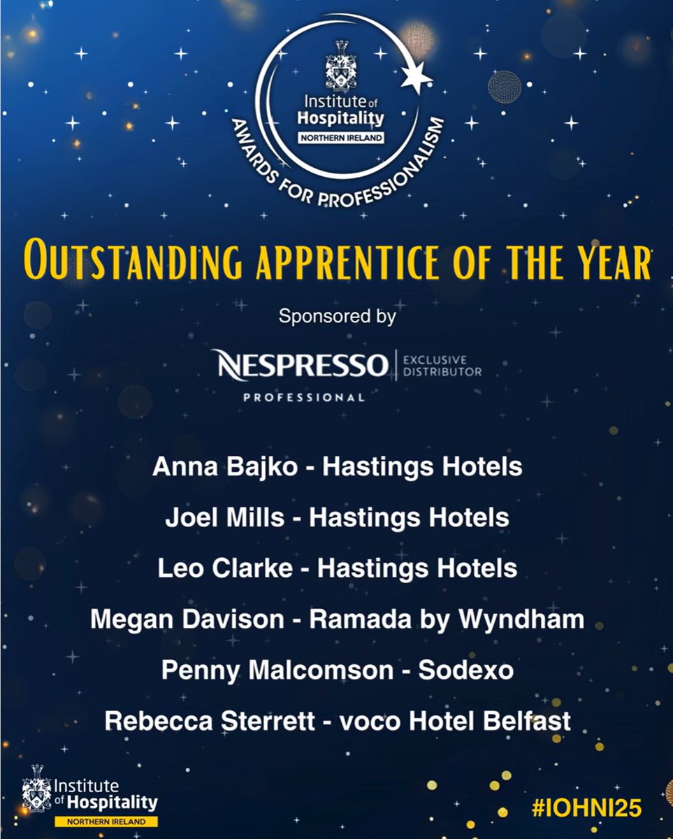 We have 3 learners nominated for the Outstanding Apprentice of the Year Award at the Institute of Hospitality NI Awards for Professionalism!

✨Megan Davison 
✨Penny Malcomson 
✨Rebecca Sterrett 
We’re proud to be part of your journey, &amp; we’ll be cheering you on at the awards!