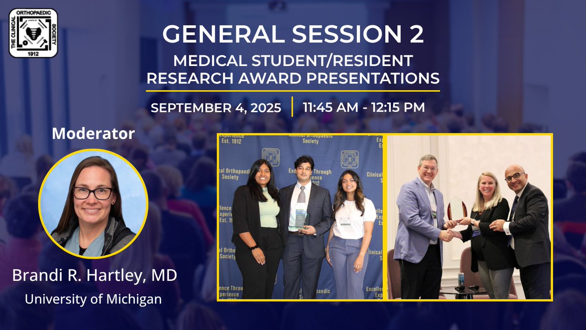 ClinicalOrtho1's tweet image. Celebrate the next generation of orthopaedic leaders as medical students and residents present their award-winning research during this special session.
#COS2025 #Orthopaedics #ResidentResearch #MedicalStudents #FutureSurgeons #OrthopaedicEducation #ResearchAwards