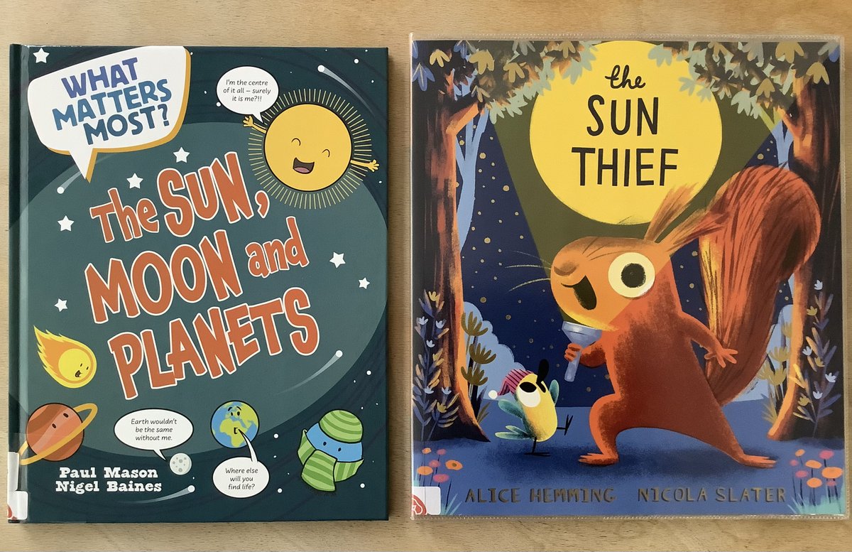 LancashireSLS's tweet image. ❤️Friday reads. This week Zoe has chosen the hilarious 'The Sun Thief' by @AliceHemming1, illus. by Nicola Slater @Scholastic and the fascinating 'The Sun, Moon and Planets (What Matters Most?)' by Paul Mason, illus. by @NigelBaines, @Watts_Wayland 🌞🪐