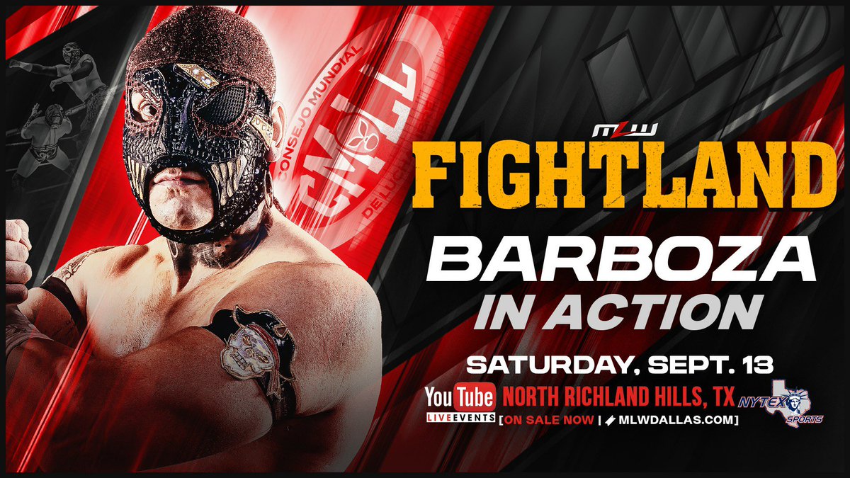 MLW's tweet image. What sort of “lucha violence” does MLW President @RealCesarDuran have in store for Barboza at MLW FIGHTLAND? Get your tickets now to find out!
🎟️ MLWDallas.com