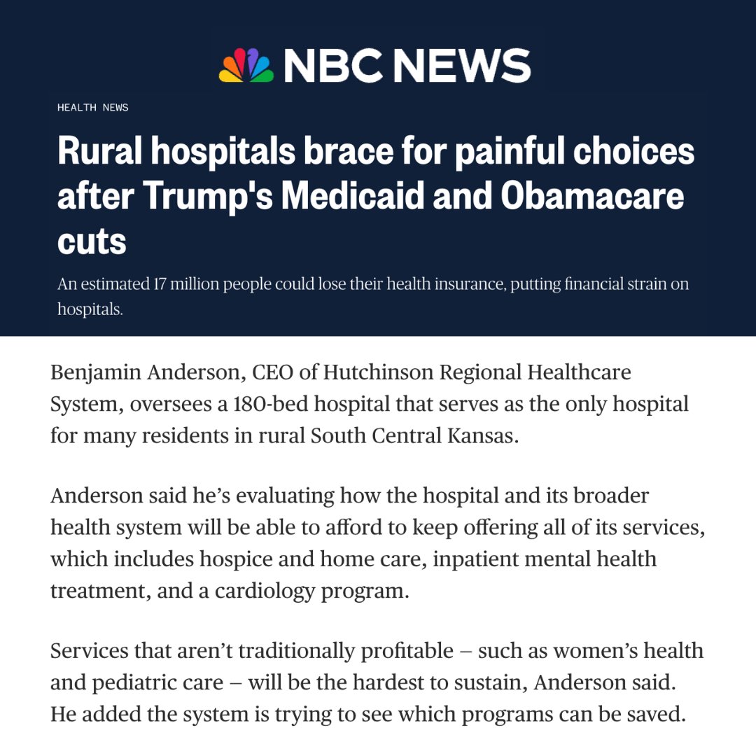HealthEdProject's tweet image. With nearly $1 trillion in cuts to Medicaid and additional changes to the Affordable Care Act, Congress’s sweeping bill will force rural hospitals to make difficult decisions about which programs they can afford to keep in order to keep their doors open.
nbcnews.com/health/health-…
