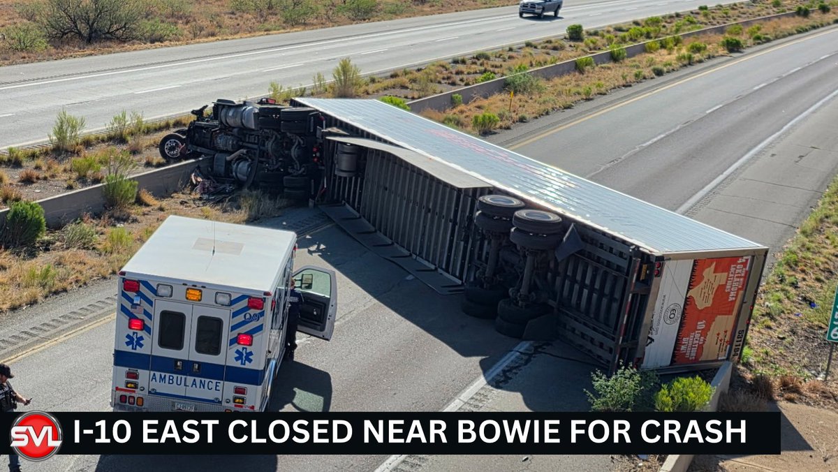 SierraVistaLIVE's tweet image. ⚠️ TRAFFIC ALERT: I-10 Eastbound in closed near Bowie at exit 356 for a semi roll-over blocking both lanes. Traffic is being diverted to the off ramp then back onto I-10 east. No injuries have been reported. The crash happened around 7:30 Thursday morning.
