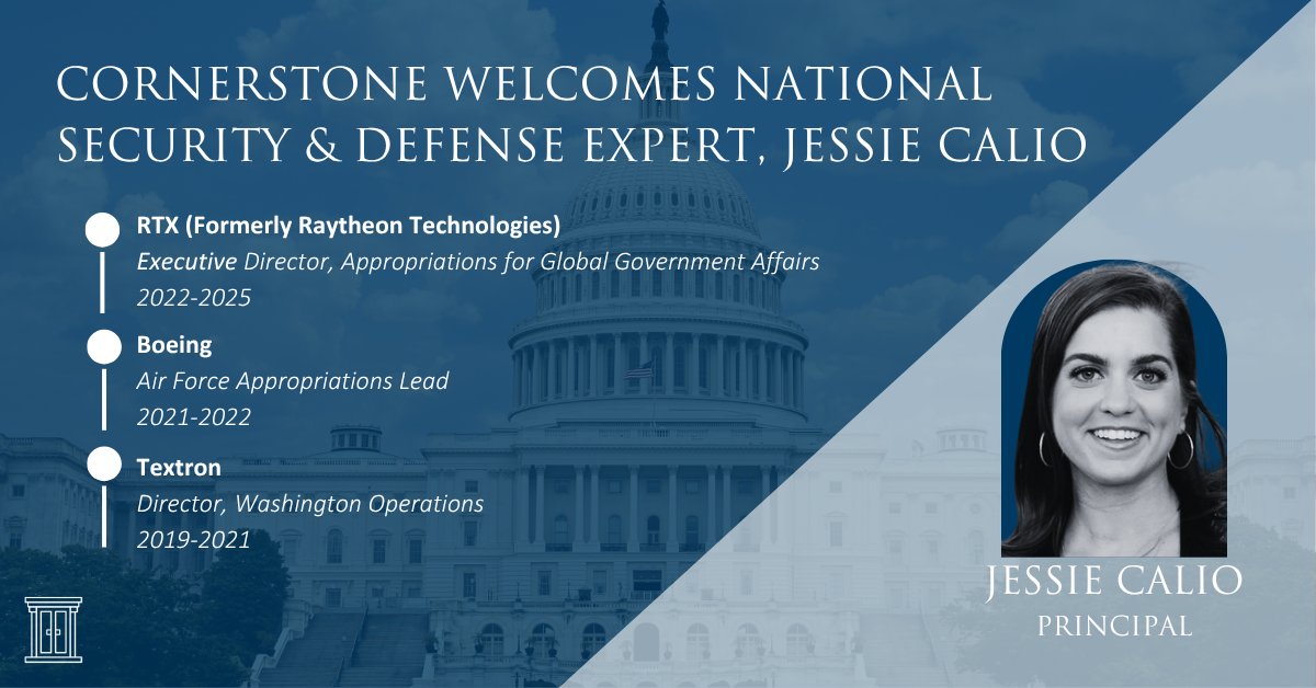Cornerstone has today bolstered its national security practice with the addition of Jessie Calio. She brings an extensive background in defense, appropriations and authorizations to the firm.

Read more: cgagroup.com/cornerstone-we…