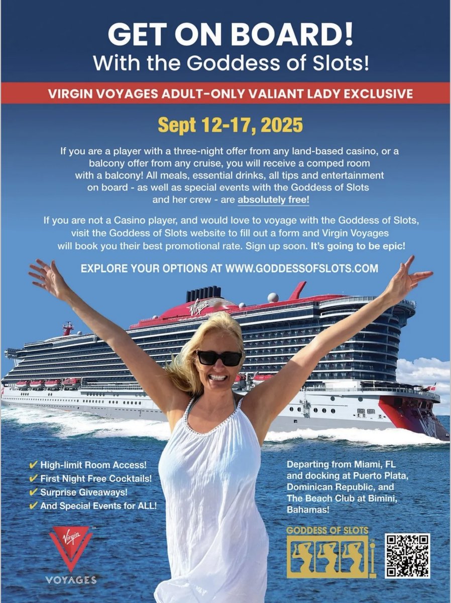 🚢🎉 Come cruise with me Sept 12–17, 2025 aboard Virgin Voyages!
High-limit room access, private events, giveaways &amp; more—and comped rooms for qualifying players 💃
Let’s sail &amp; spin 👉 goddessofslots.com
@goddessofslots @Virginvoyages
#GoddessofSlots #slotscommunity