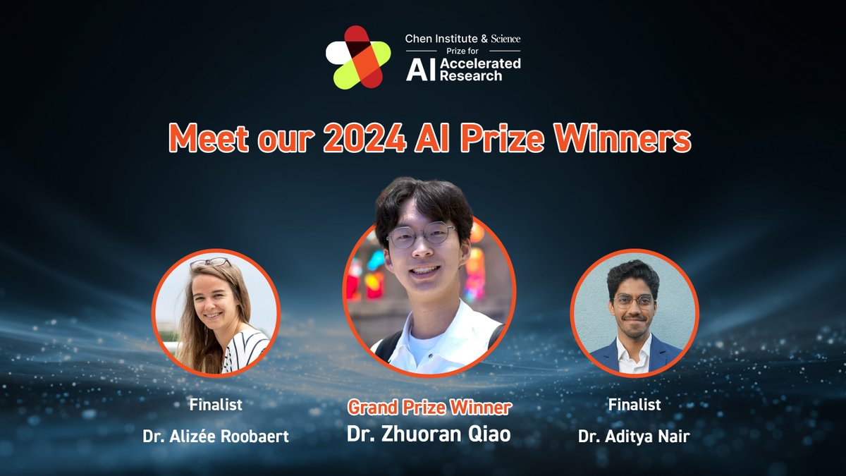 ChenInstitute's tweet image. Congratulations to the winners of the 2024 Chen Institute and @ScienceMagazine AI Prize! Winners share $50,000 in cash awards and their research essays will be published in Science. Learn more about grand prize winner @ZhuoranQ and finalists @Roobaert_Alizee and @neuronair here:…