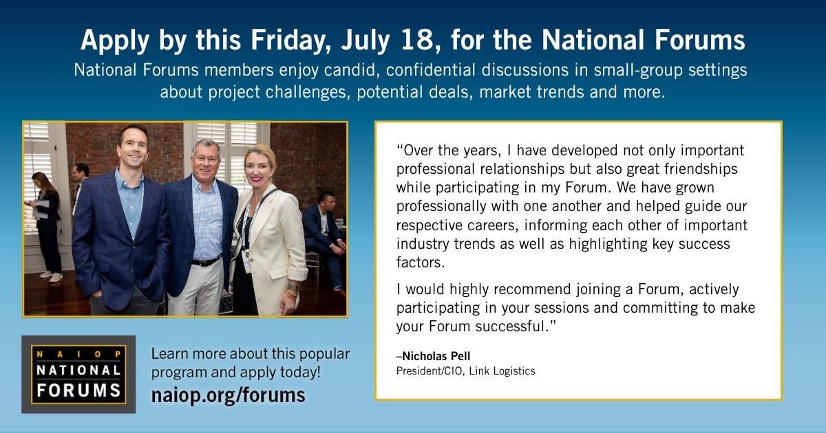 NAIOP's tweet image. The application window for NAIOP's exclusive National Forums closes this Friday, July 18. Don’t miss your opportunity to join a community that’s transforming careers. Learn more and apply: ow.ly/LEkm50WreXv